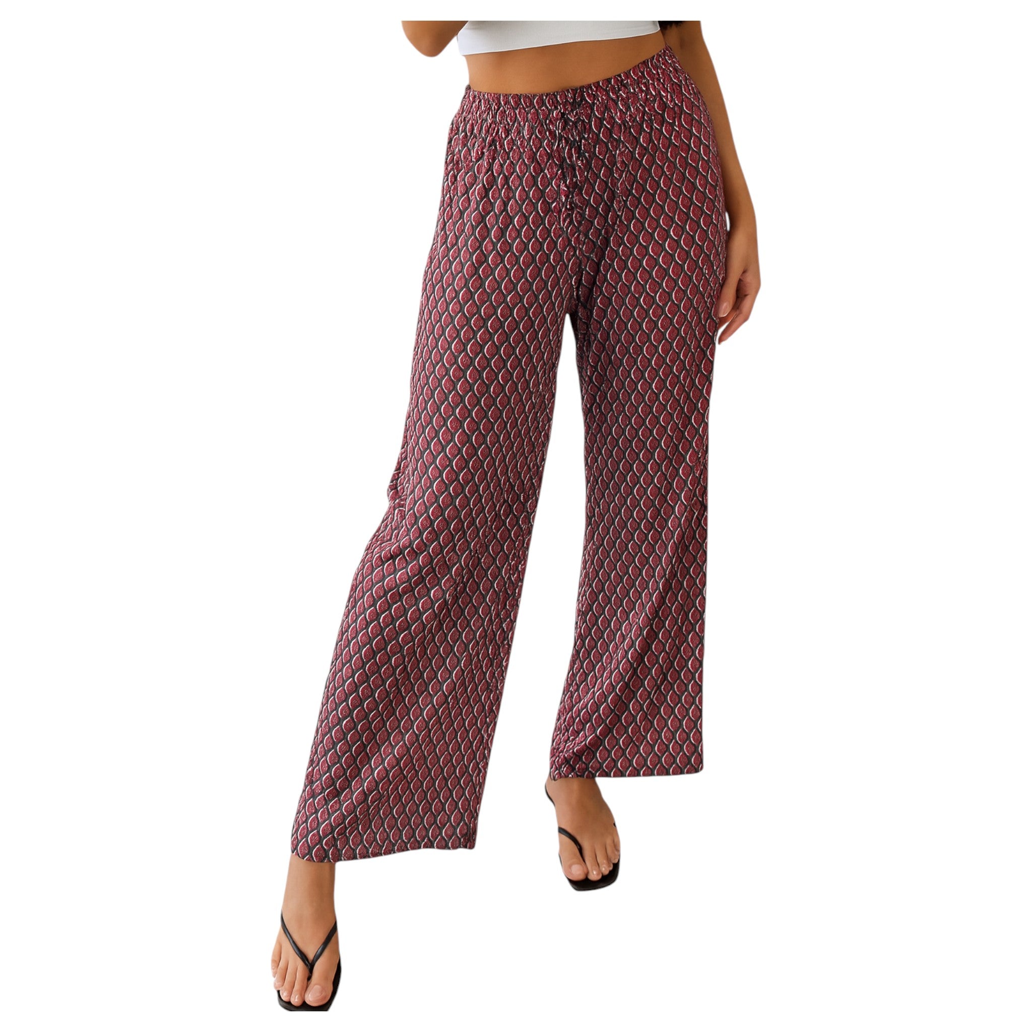 Ladies fashion palazzo trousers wide leg lightweight printed summer pants with drawstring waist casual boho style